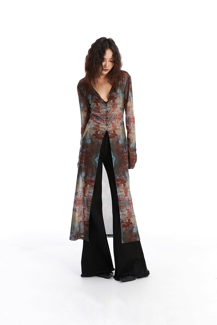 Retro Oil Painting Print Mesh Long Sun Protection Cardigan
 [ID:0058TO]