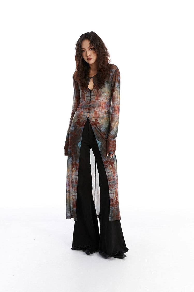 Retro Oil Painting Print Mesh Long Sun Protection Cardigan
 [ID:0058TO]