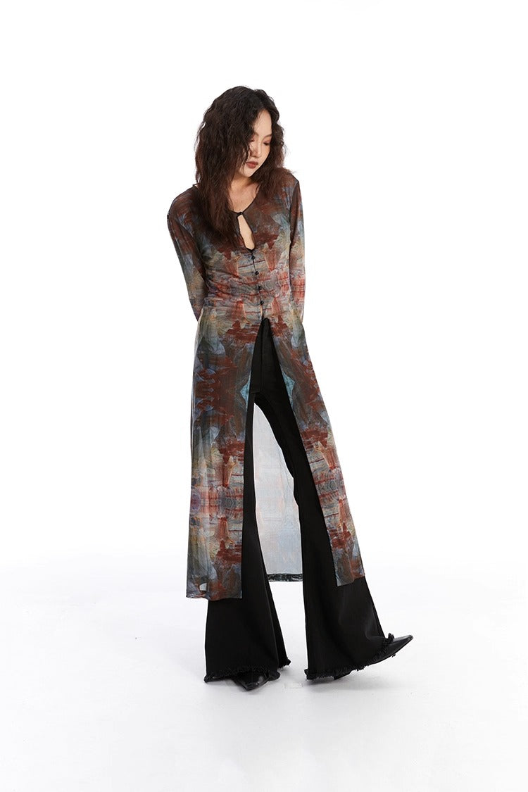 Retro Oil Painting Print Mesh Long Sun Protection Cardigan
 [ID:0058TO]