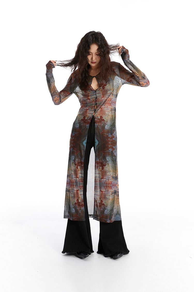 Retro Oil Painting Print Mesh Long Sun Protection Cardigan
 [ID:0058TO]