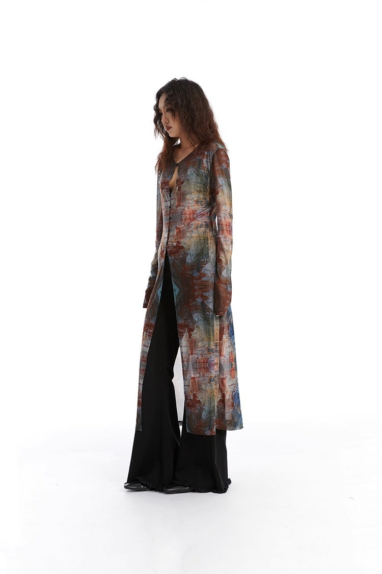 Retro Oil Painting Print Mesh Long Sun Protection Cardigan
 [ID:0058TO]