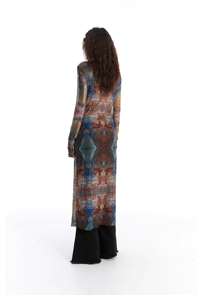 Retro Oil Painting Print Mesh Long Sun Protection Cardigan
 [ID:0058TO]