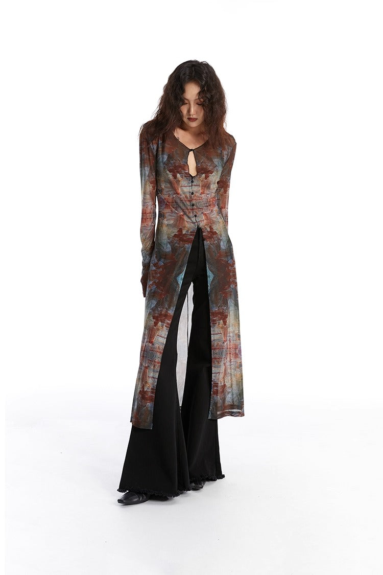 Retro Oil Painting Print Mesh Long Sun Protection Cardigan
 [ID:0058TO]