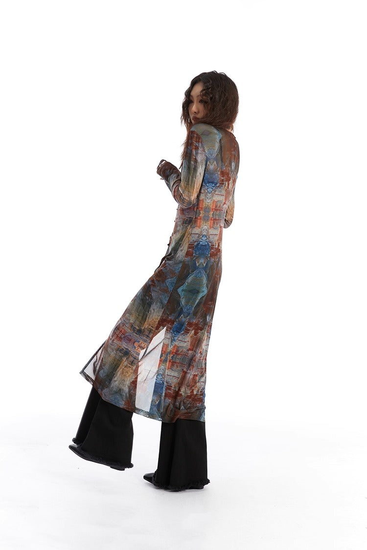 Retro Oil Painting Print Mesh Long Sun Protection Cardigan
 [ID:0058TO]
