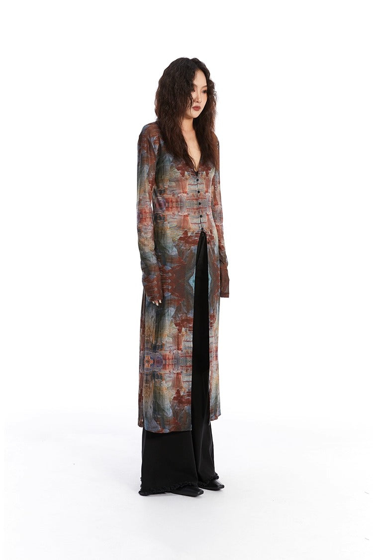 Retro Oil Painting Print Mesh Long Sun Protection Cardigan
 [ID:0058TO]