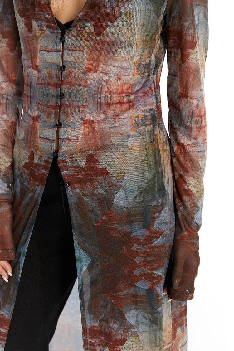 Retro Oil Painting Print Mesh Long Sun Protection Cardigan
 [ID:0058TO]