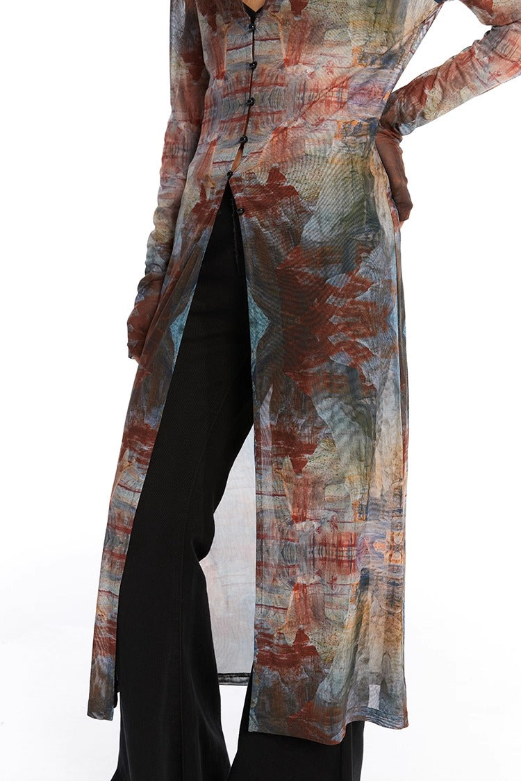 Retro Oil Painting Print Mesh Long Sun Protection Cardigan
 [ID:0058TO]
