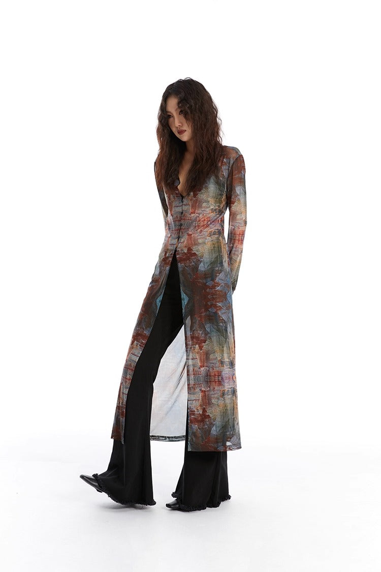 Retro Oil Painting Print Mesh Long Sun Protection Cardigan
 [ID:0058TO]