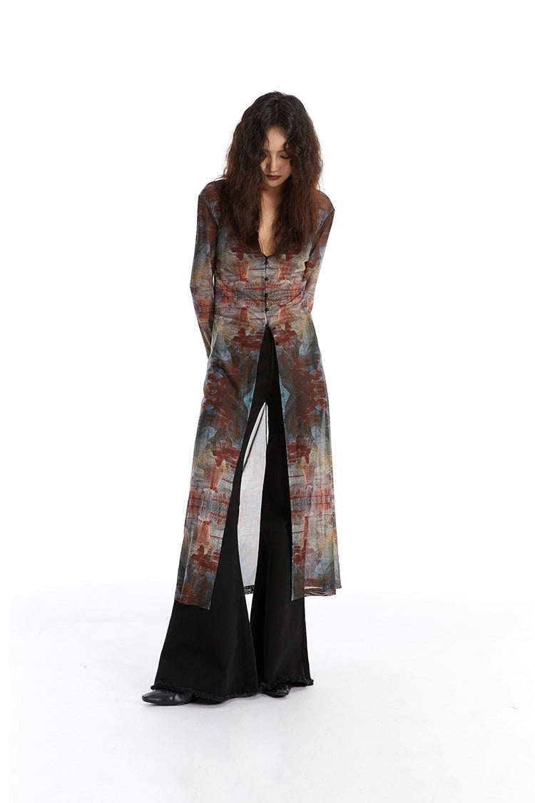 Retro Oil Painting Print Mesh Long Sun Protection Cardigan
 [ID:0058TO]