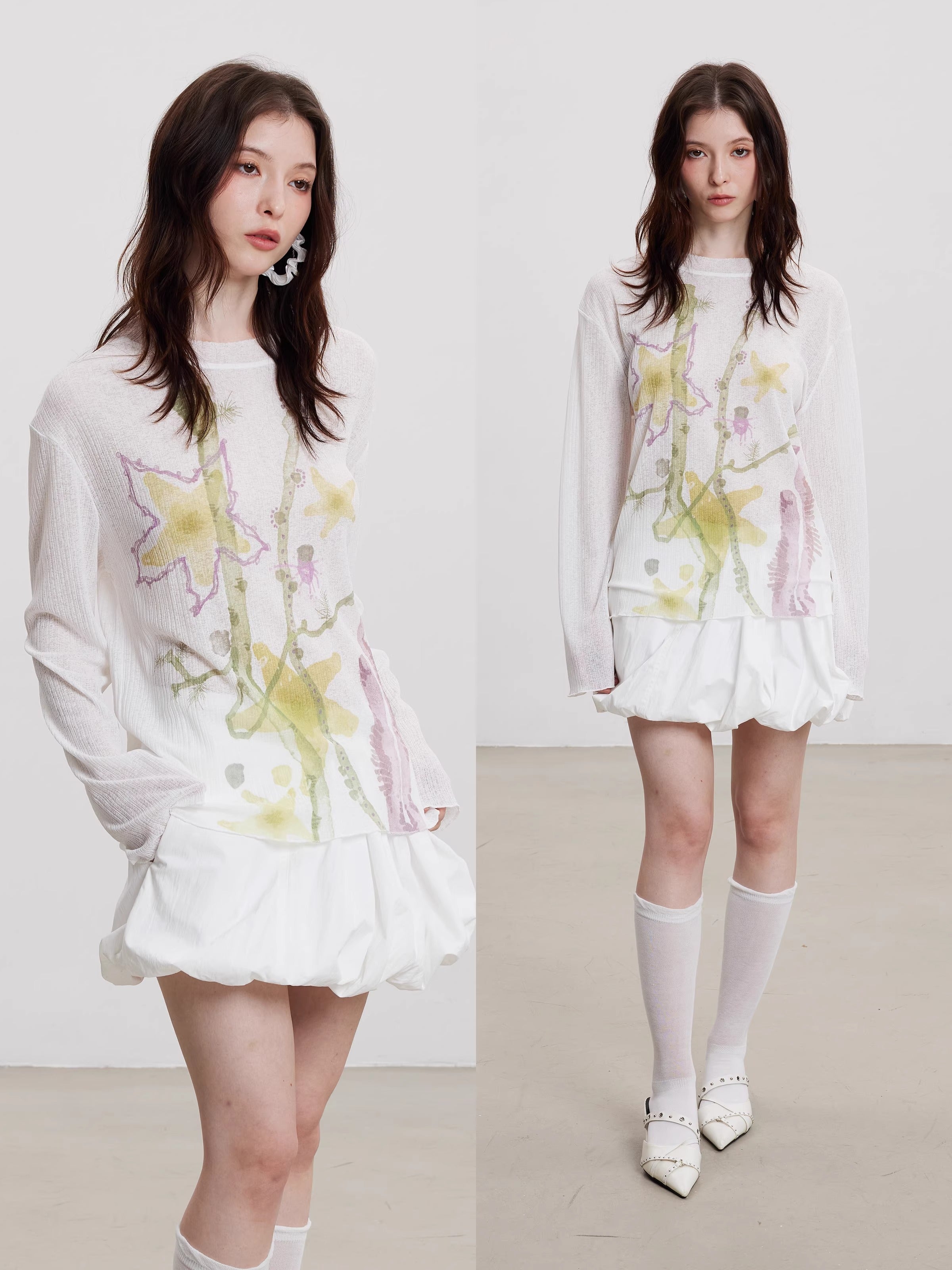 Starfish Floral Print Sheer Long Sleeve Cardigan
 [ID:0060TO]