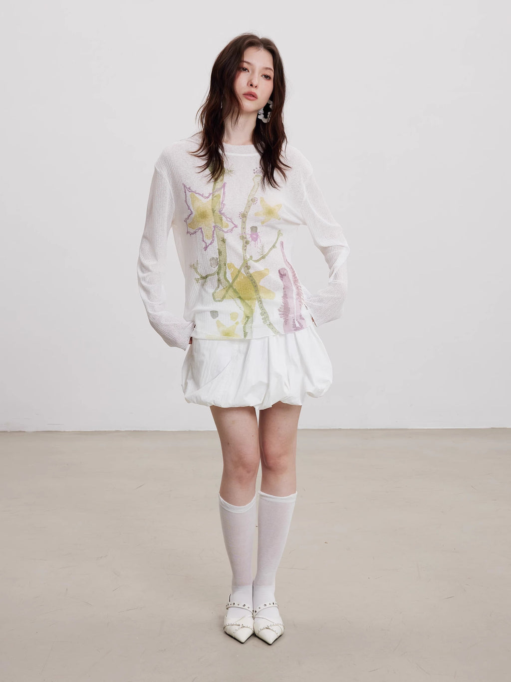 Starfish Floral Print Sheer Long Sleeve Cardigan
 [ID:0060TO]