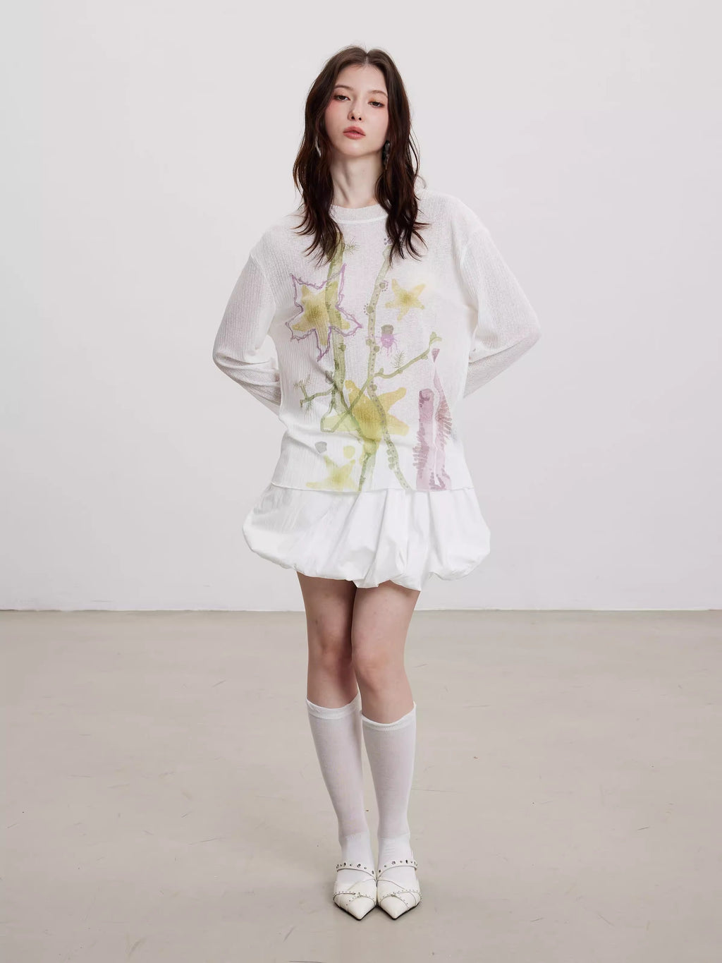 Starfish Floral Print Sheer Long Sleeve Cardigan
 [ID:0060TO]