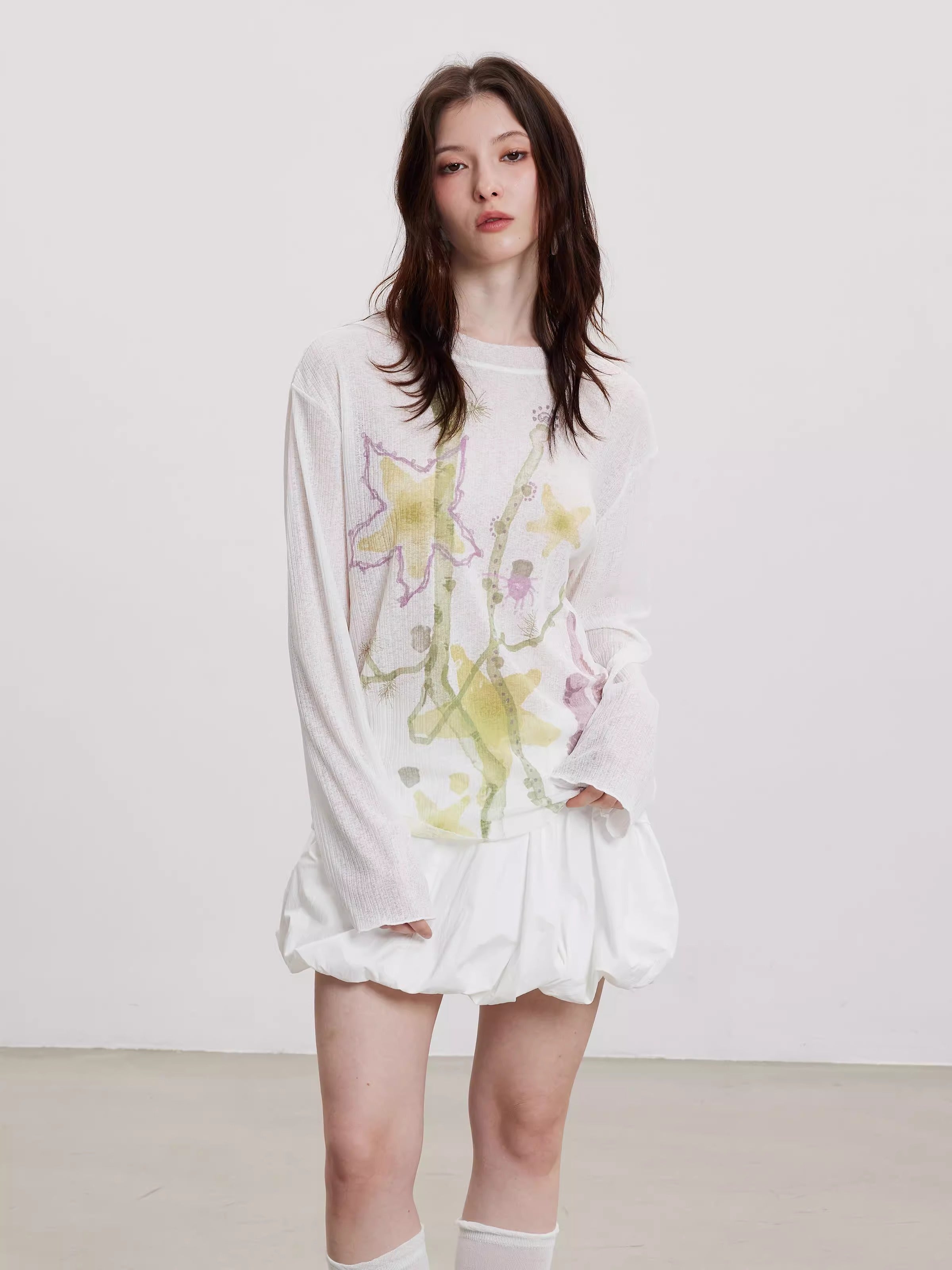 Starfish Floral Print Sheer Long Sleeve Cardigan
 [ID:0060TO]