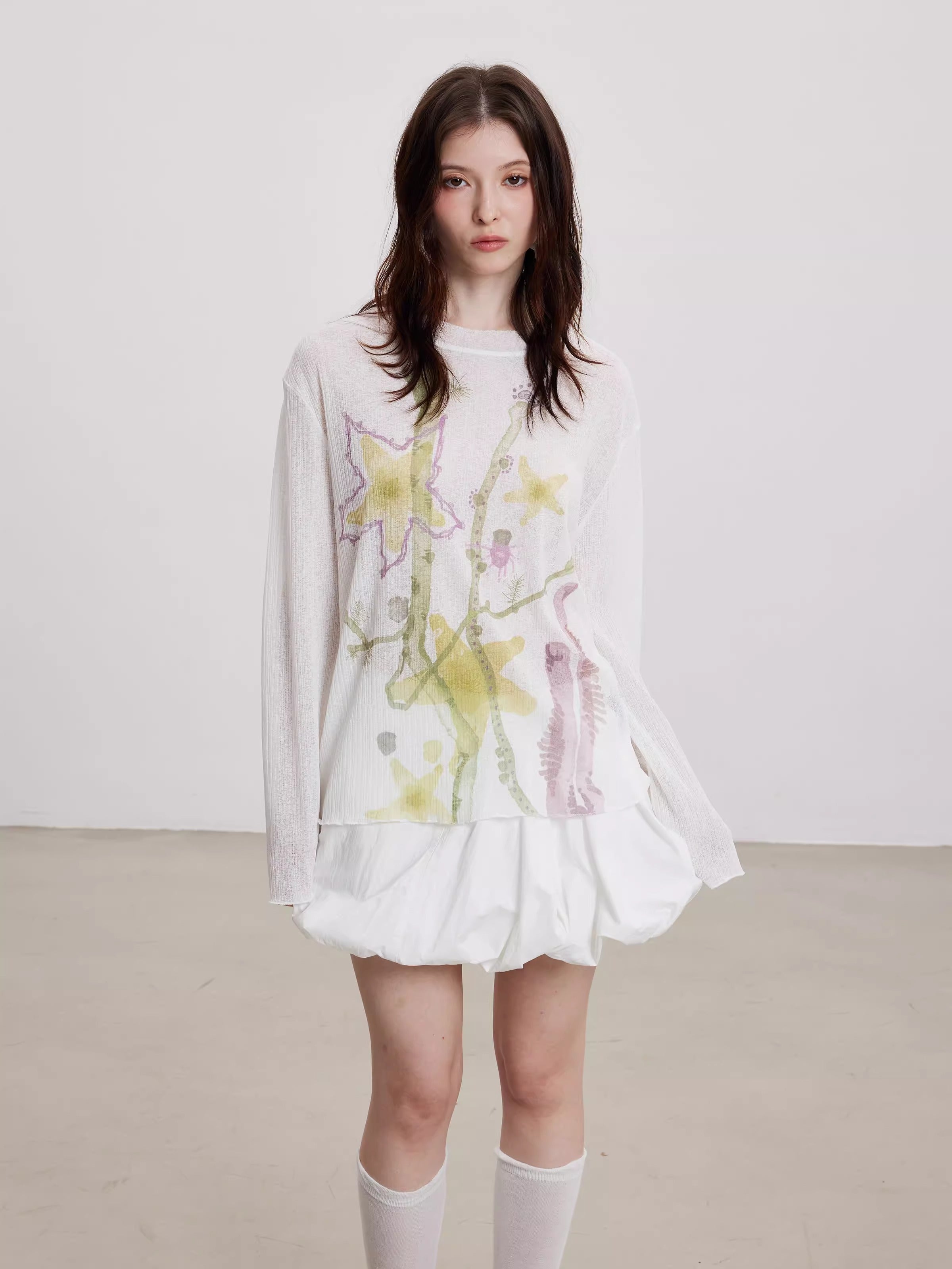 Starfish Floral Print Sheer Long Sleeve Cardigan
 [ID:0060TO]