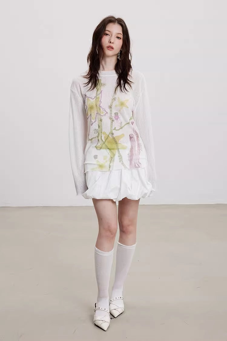 Starfish Floral Print Sheer Long Sleeve Cardigan
 [ID:0060TO]
