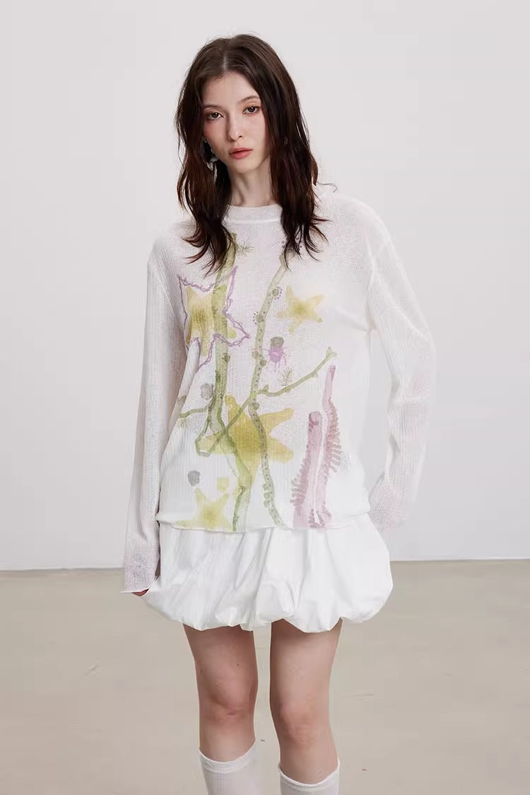 Starfish Floral Print Sheer Long Sleeve Cardigan
 [ID:0060TO]