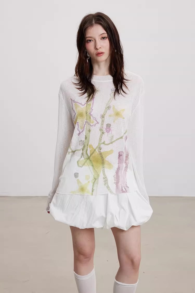 Starfish Floral Print Sheer Long Sleeve Cardigan
 [ID:0060TO]