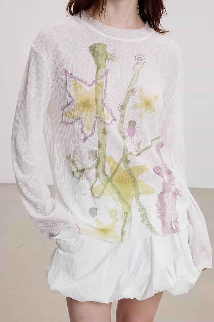 Starfish Floral Print Sheer Long Sleeve Cardigan
 [ID:0060TO]