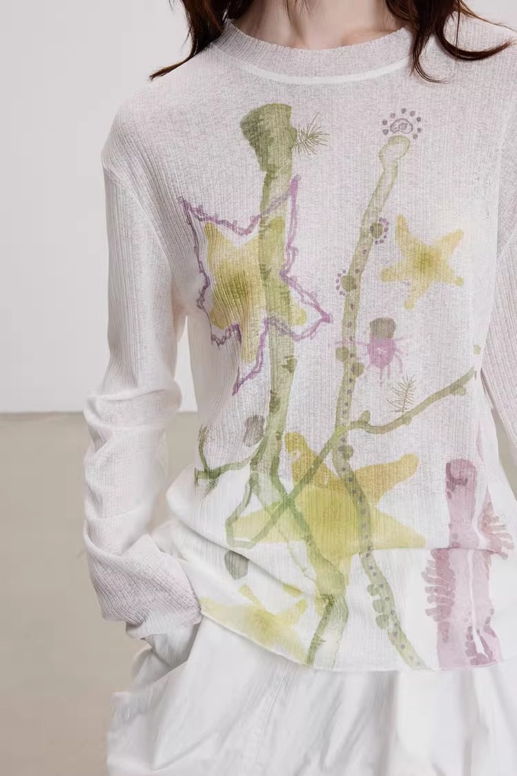 Starfish Floral Print Sheer Long Sleeve Cardigan
 [ID:0060TO]