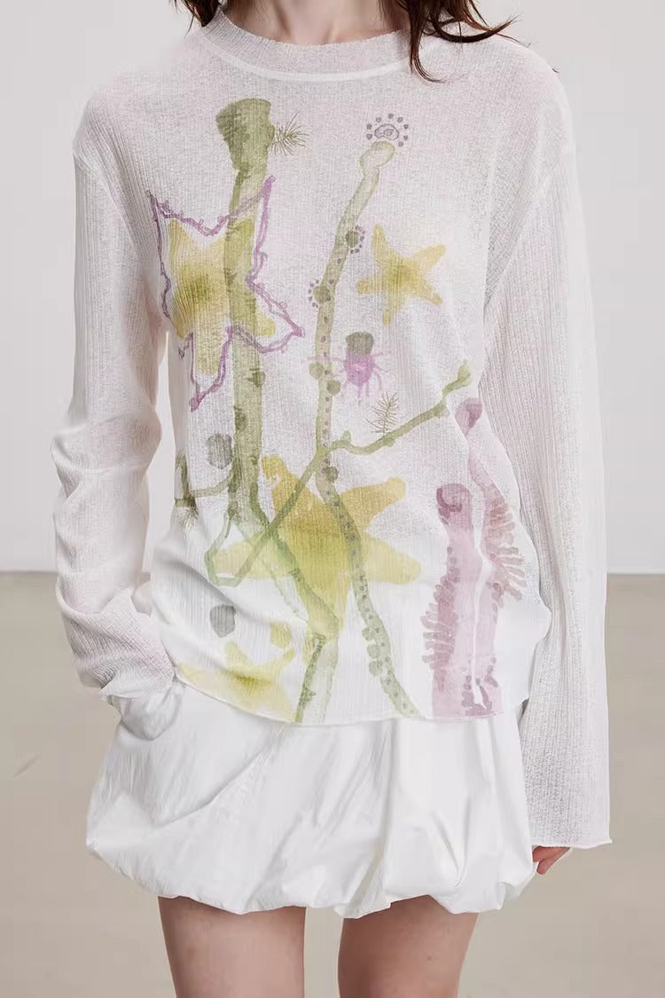 Starfish Floral Print Sheer Long Sleeve Cardigan
 [ID:0060TO]