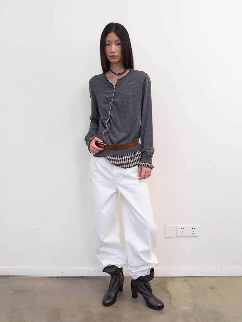 Diagonal Placket Knit Cardigan in Heather Grey