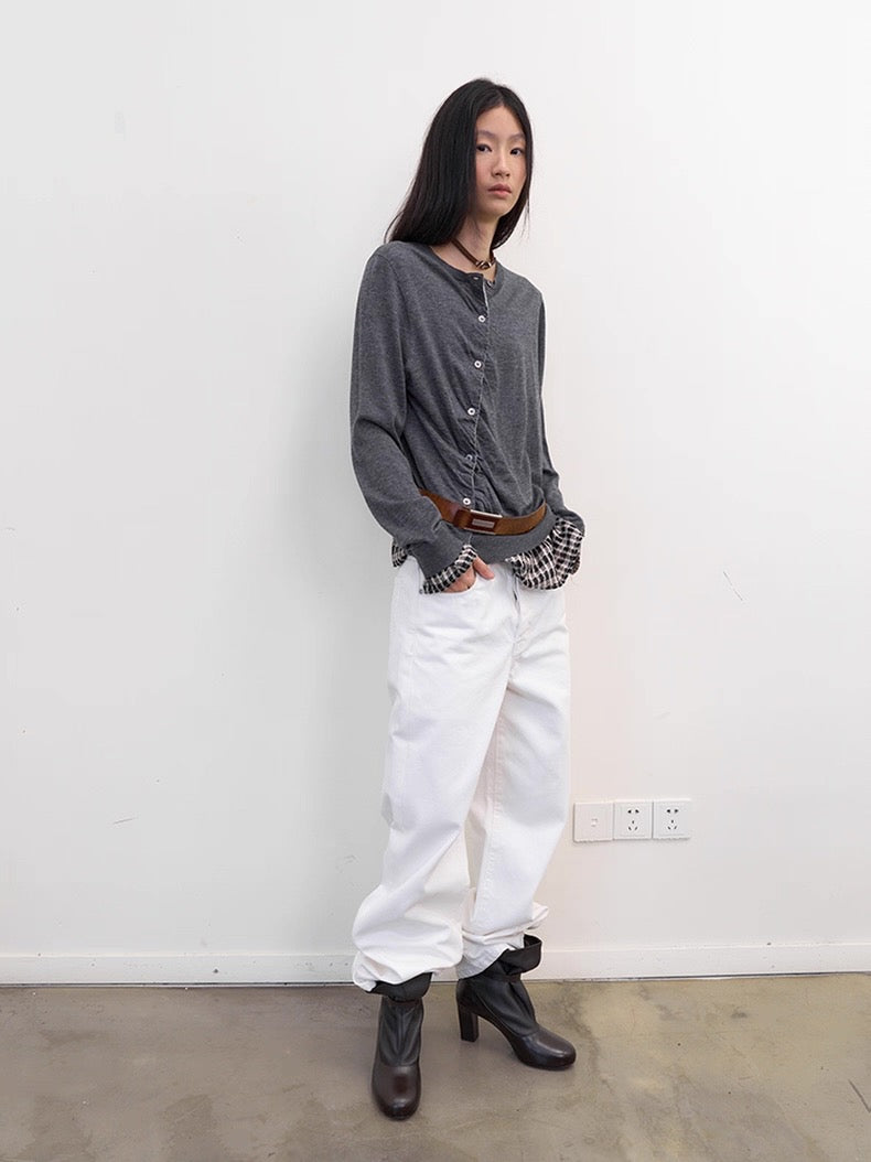 Diagonal Placket Knit Cardigan in Heather Grey