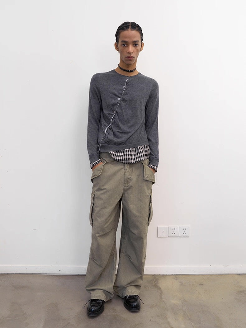 Diagonal Placket Knit Cardigan in Heather Grey