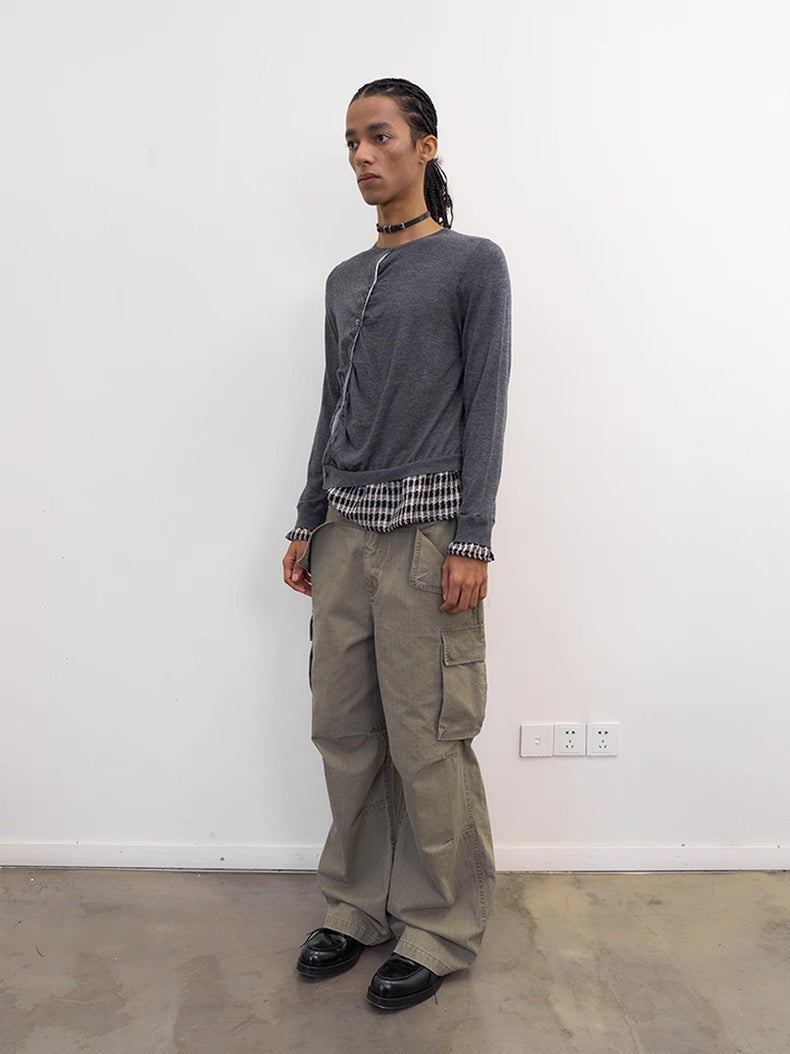 Diagonal Placket Knit Cardigan in Heather Grey