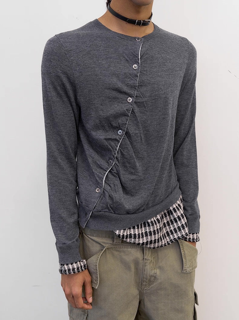 Diagonal Placket Knit Cardigan in Heather Grey