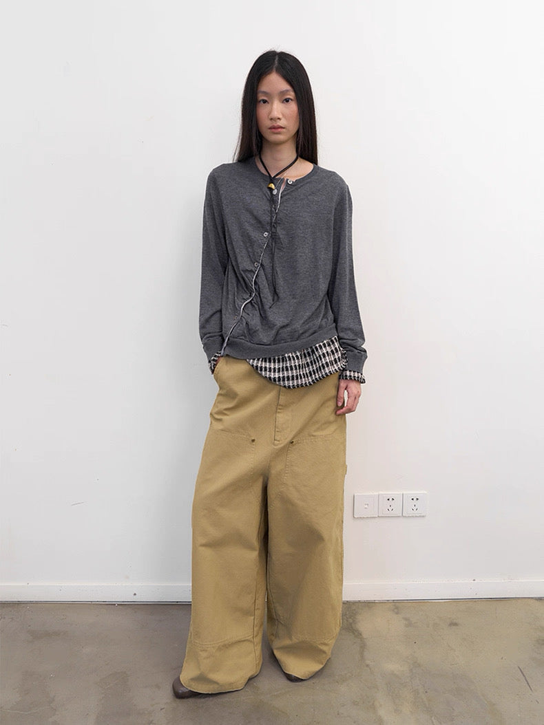 Diagonal Placket Knit Cardigan in Heather Grey