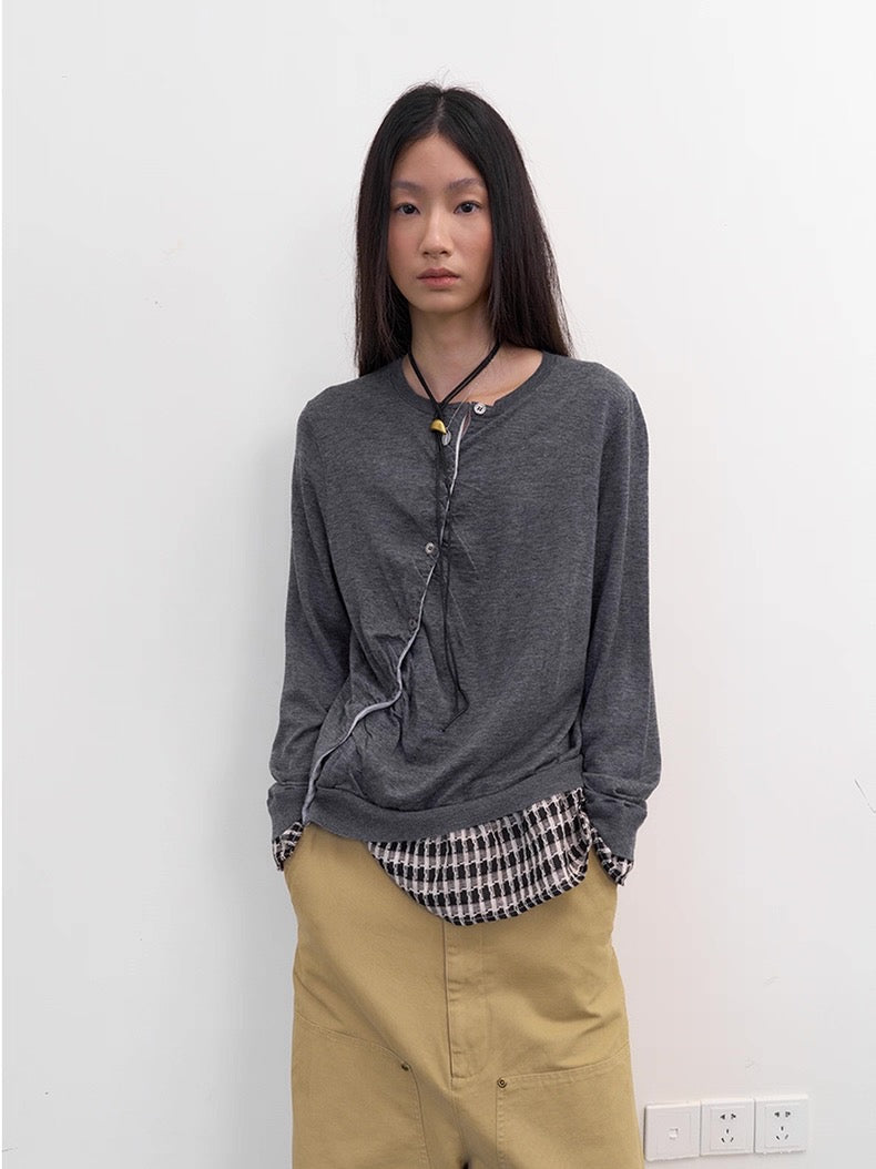 Diagonal Placket Knit Cardigan in Heather Grey
