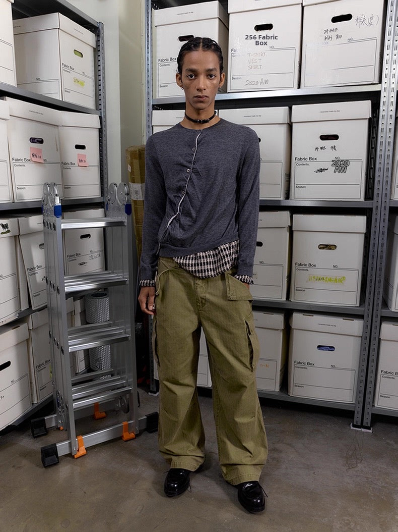 Diagonal Placket Knit Cardigan in Heather Grey