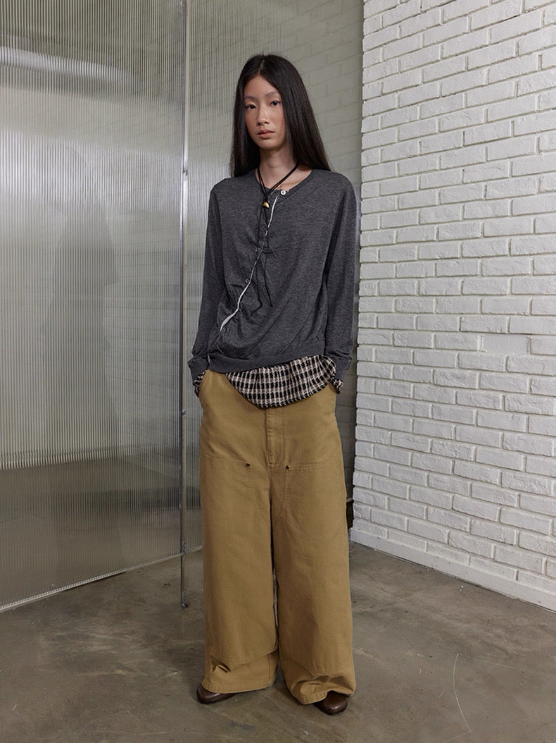 Diagonal Placket Knit Cardigan in Heather Grey