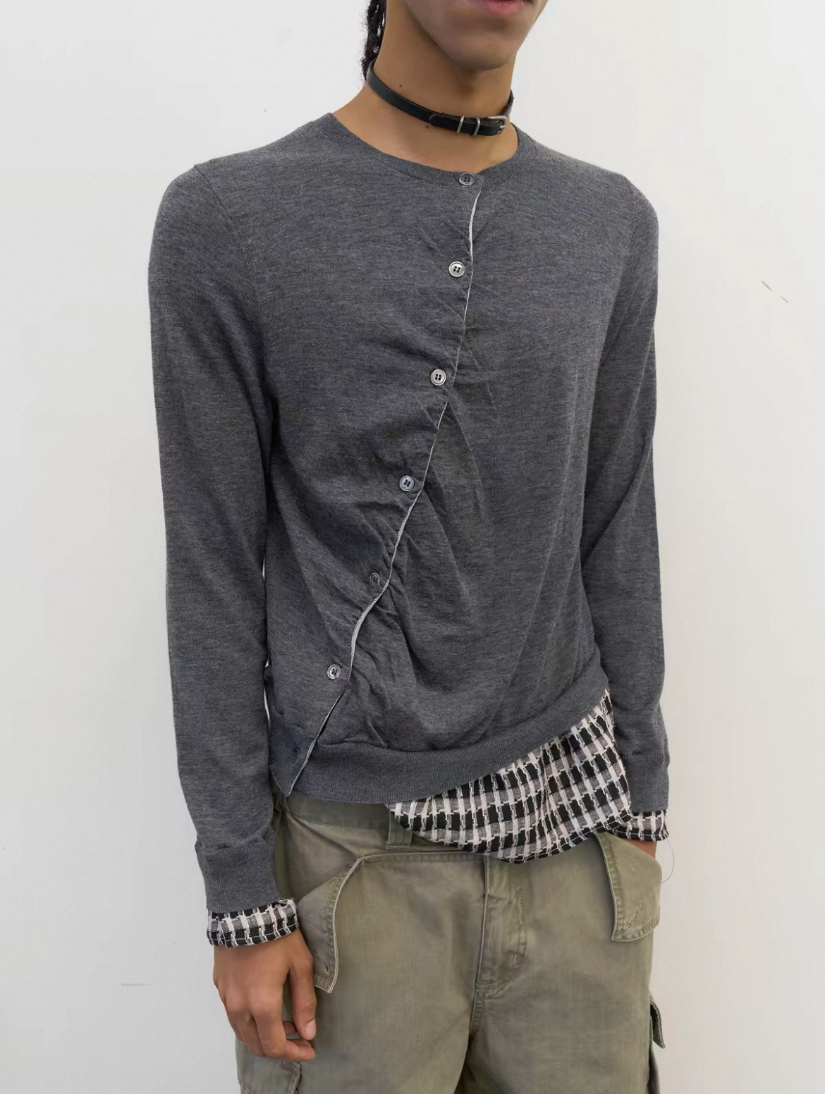 Diagonal Placket Knit Cardigan in Heather Grey