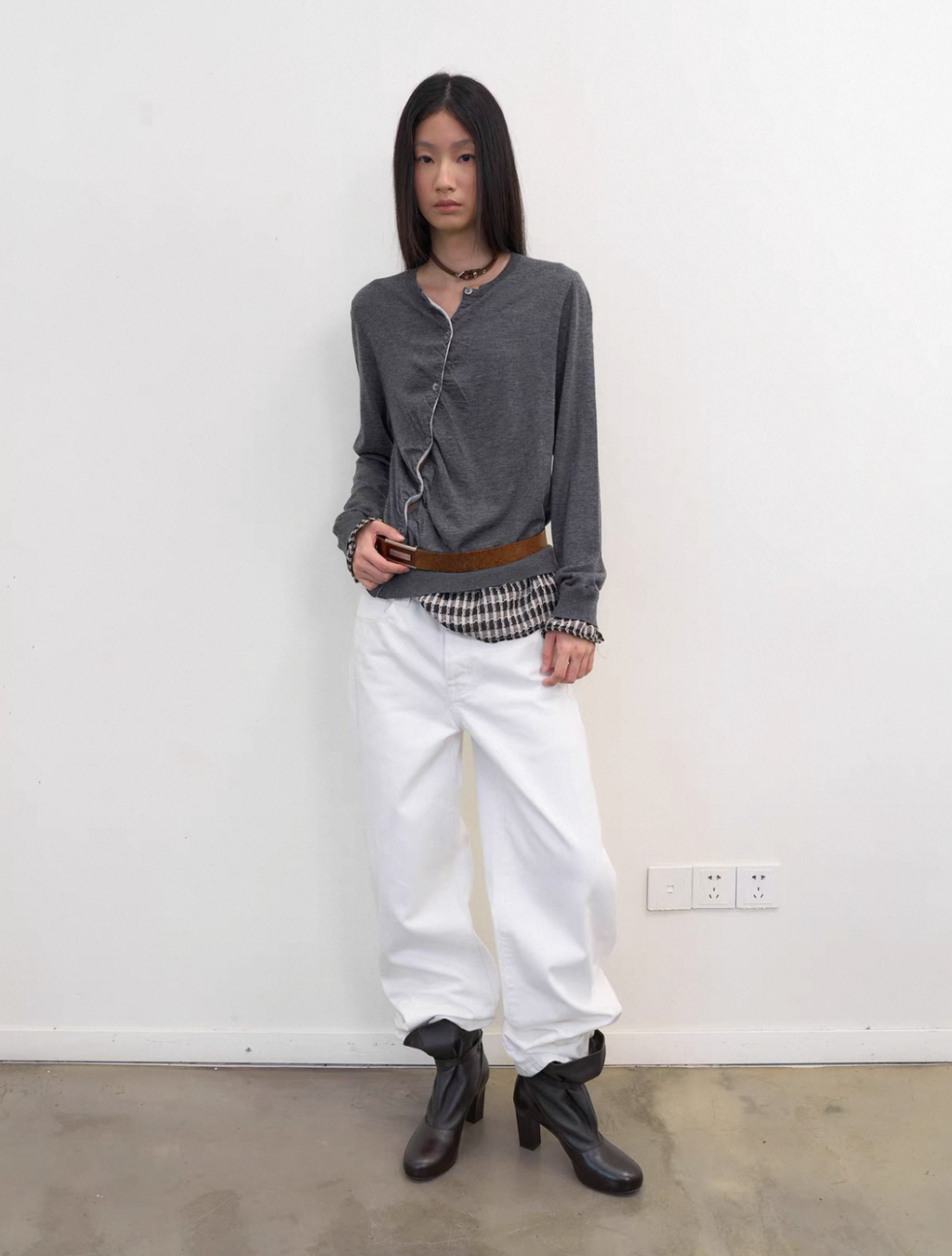 Diagonal Placket Knit Cardigan in Heather Grey