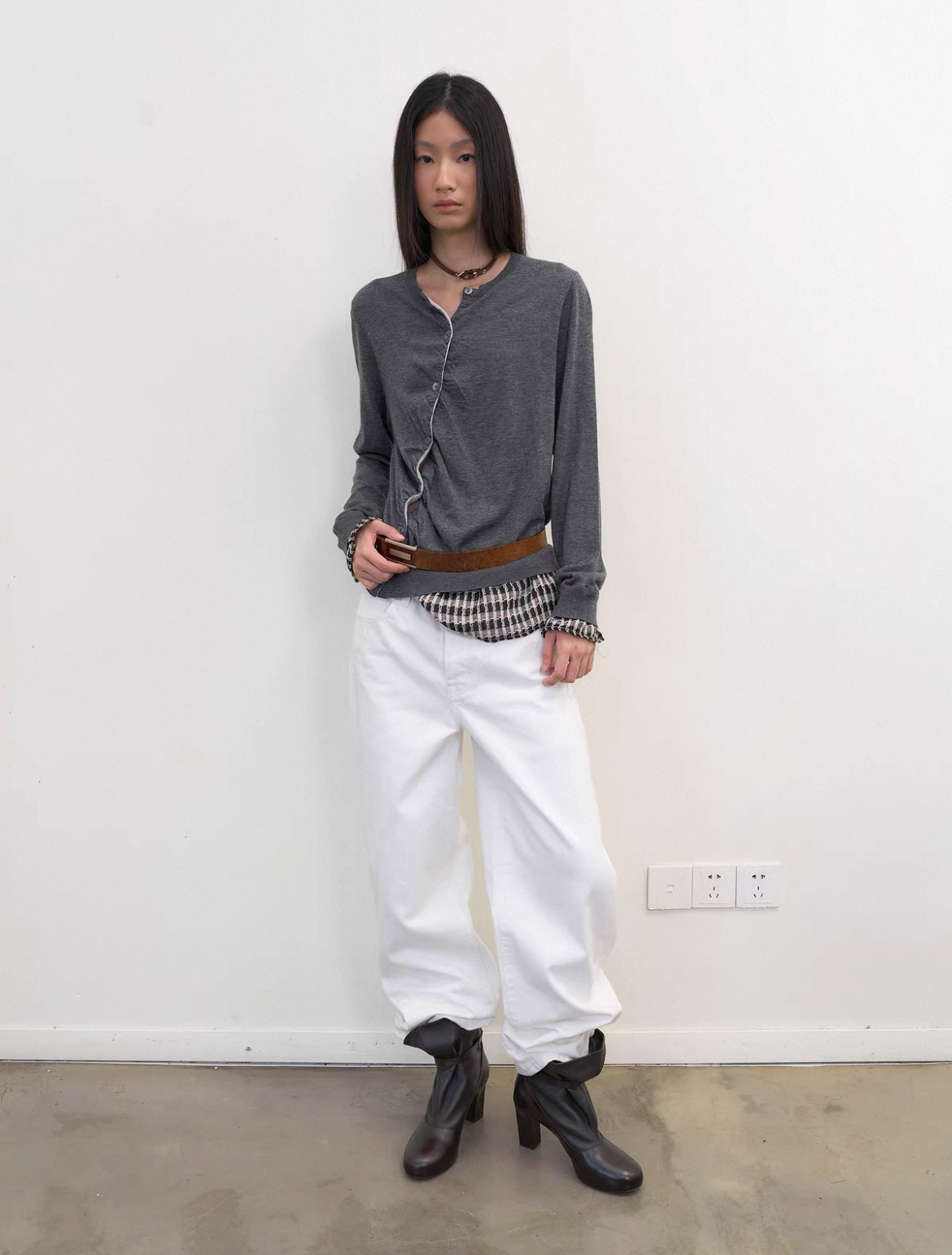 Diagonal Placket Knit Cardigan in Heather Grey