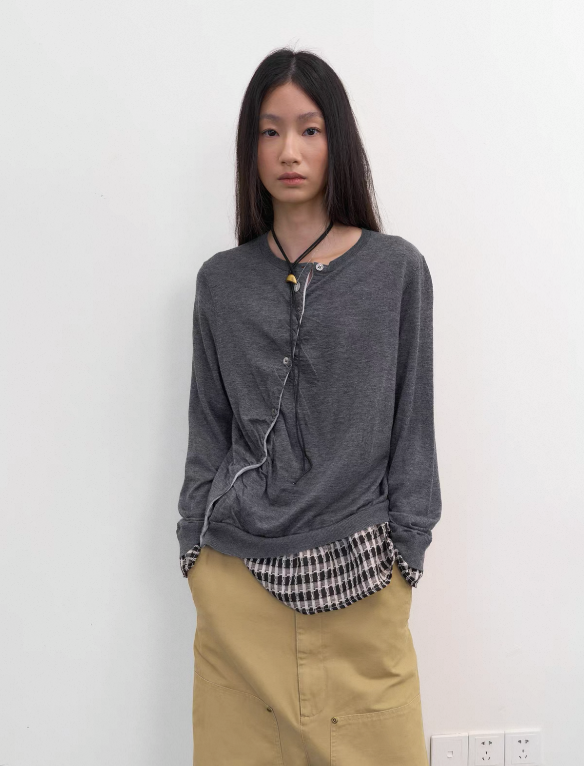 Diagonal Placket Knit Cardigan in Heather Grey