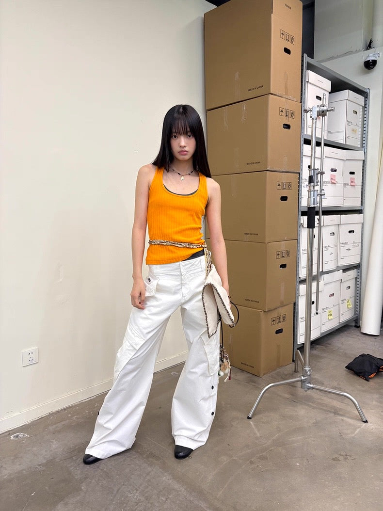 Diagonal Bellows Pocket Trousers in Deep Khaki or Off-White