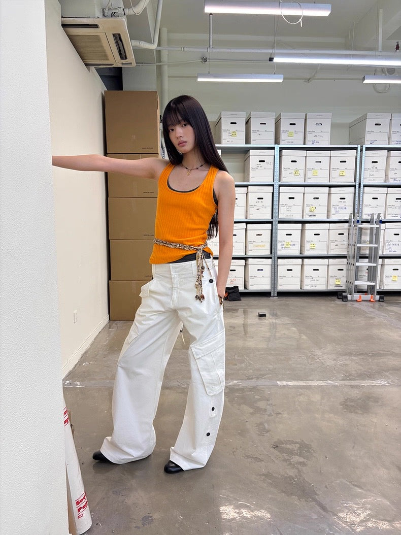 Diagonal Bellows Pocket Trousers in Deep Khaki or Off-White