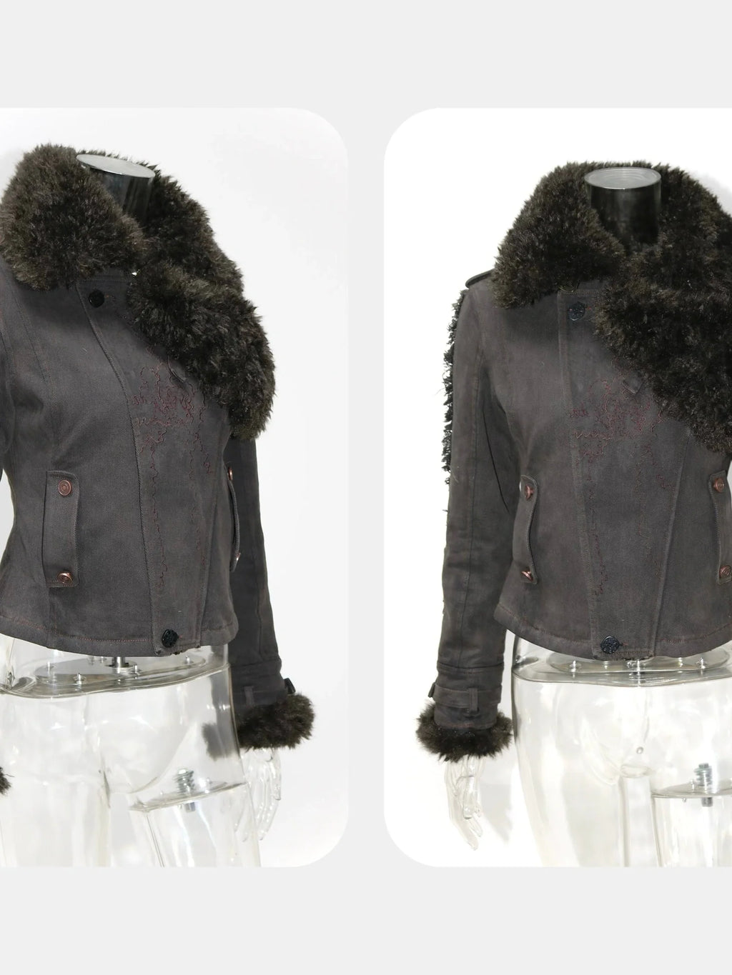 Vintage Washed Embroidered Jacket Skirt Set with Detachable Fur Collar