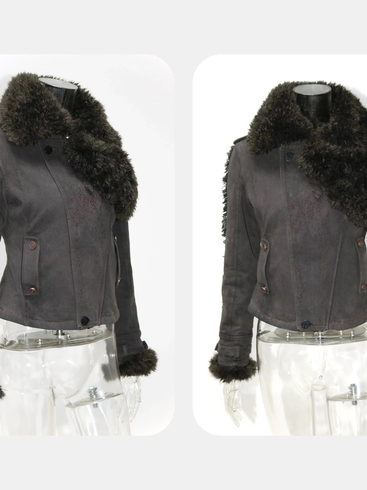 Vintage Washed Embroidered Jacket Skirt Set with Detachable Fur Collar