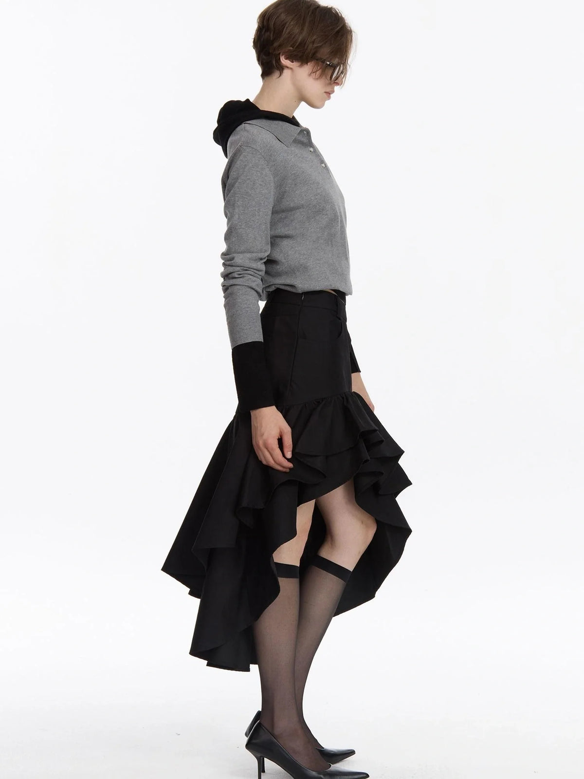 A Line Asymmetrical Ruffle Hem Skirt