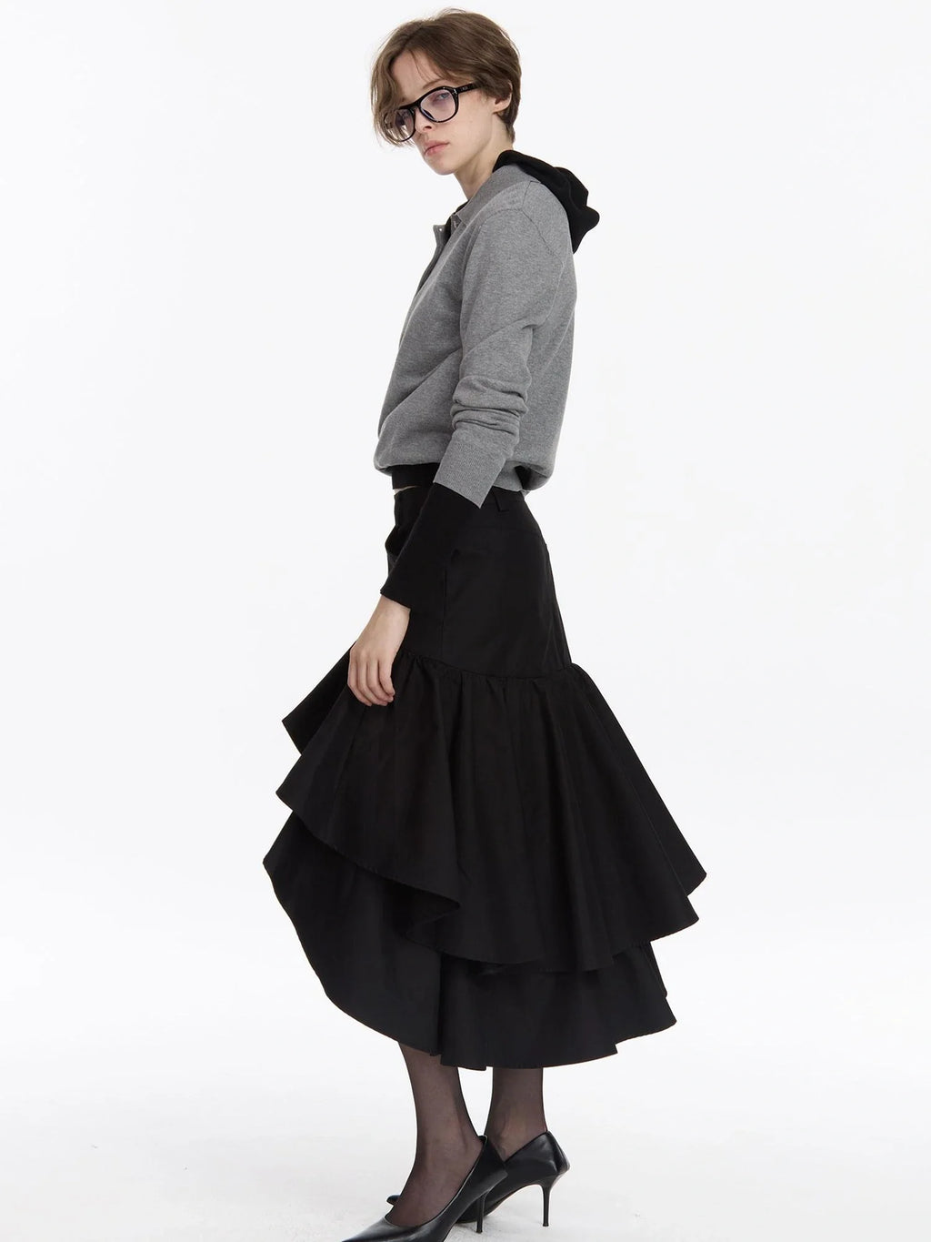 A Line Asymmetrical Ruffle Hem Skirt
