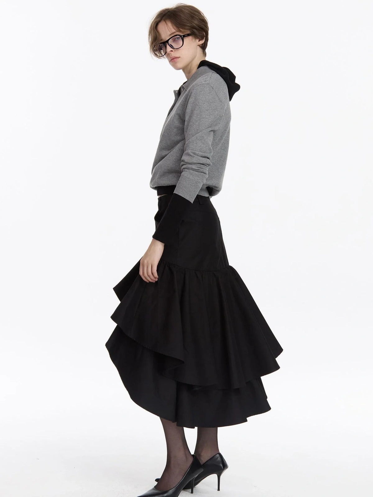 A Line Asymmetrical Ruffle Hem Skirt