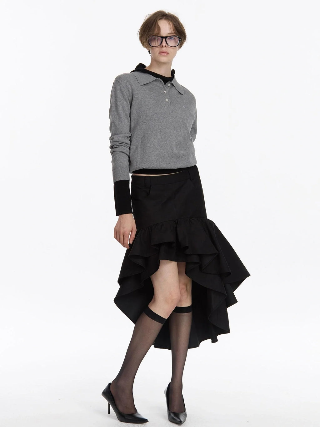 A Line Asymmetrical Ruffle Hem Skirt