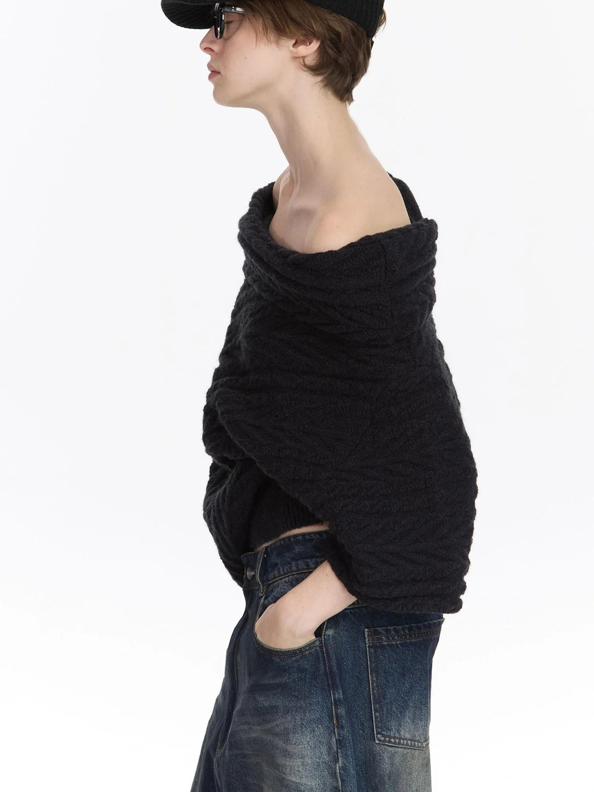 Asym Collar Drop Shoulder Knit Sweater
