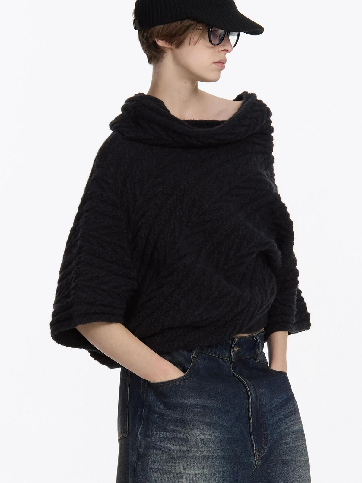 Asym Collar Drop Shoulder Knit Sweater