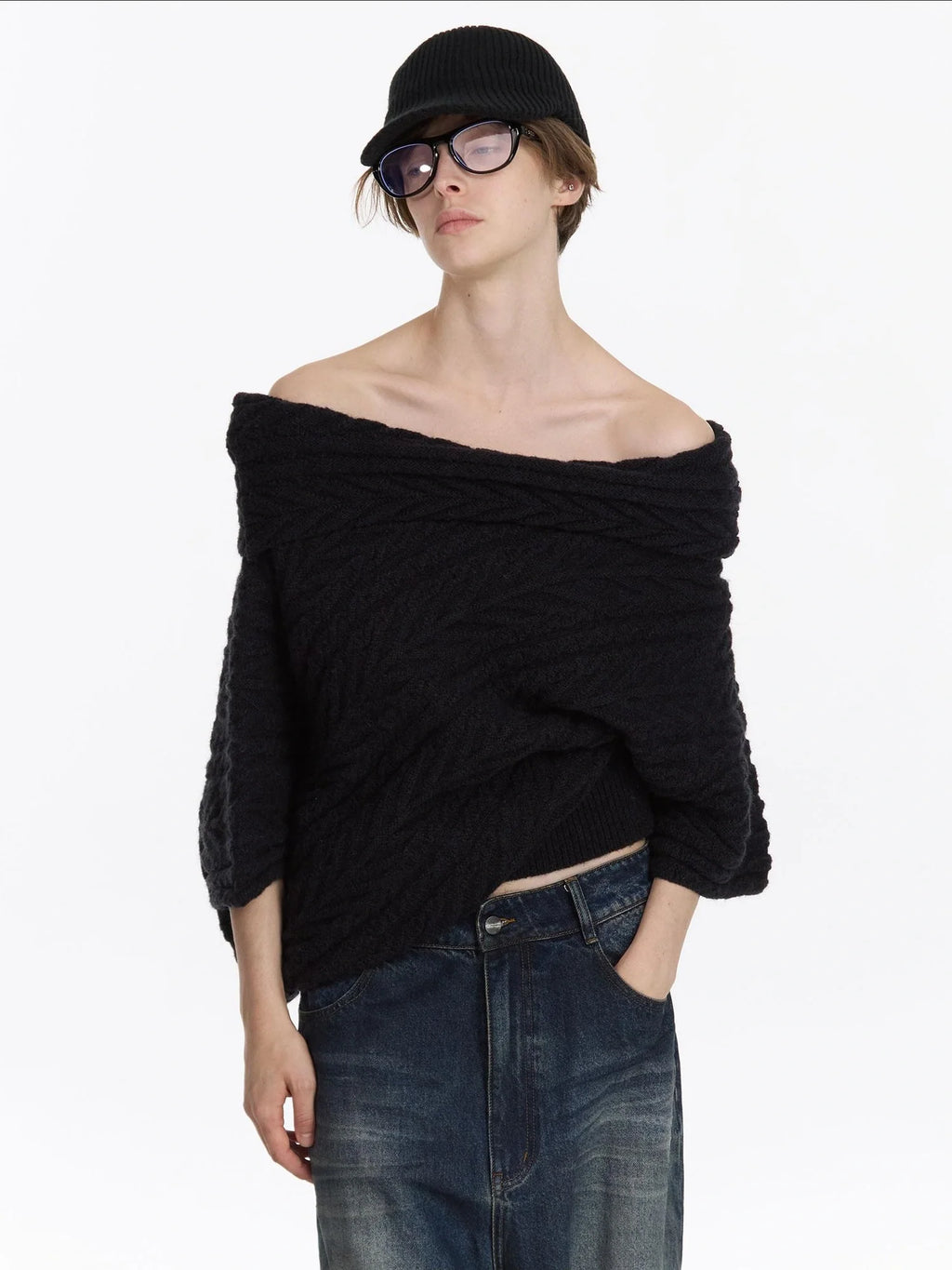 Asym Collar Drop Shoulder Knit Sweater