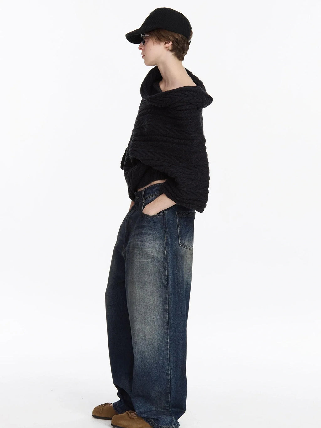 Asym Collar Drop Shoulder Knit Sweater