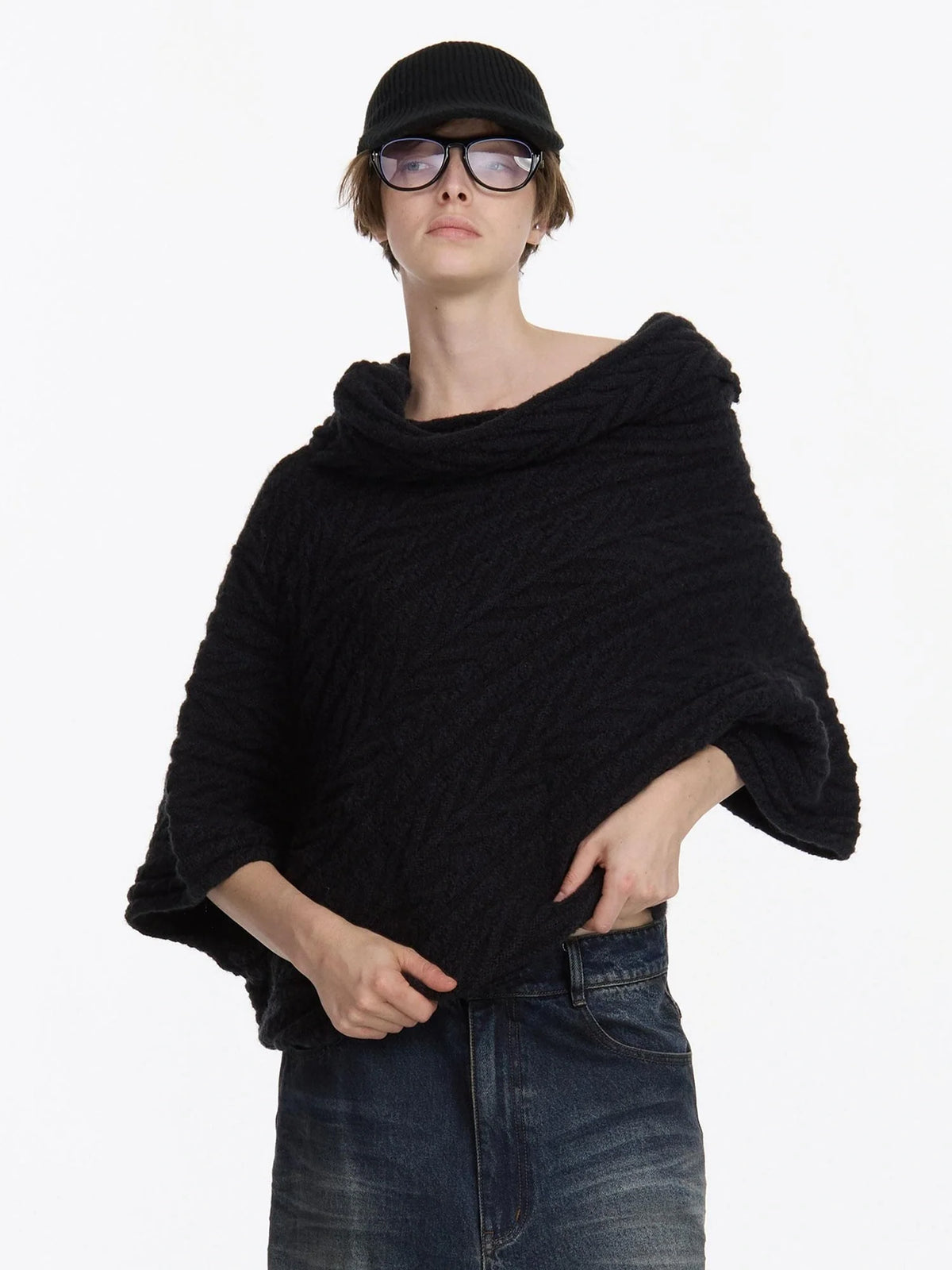 Asym Collar Drop Shoulder Knit Sweater